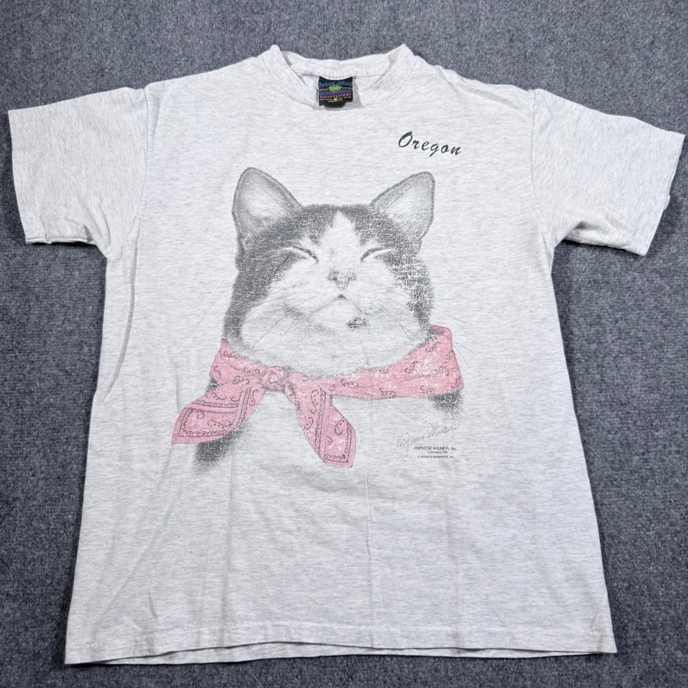 Vintage Single Stitch Cat Bandana T Shirt Large Oregon Gray 90s Graphic USA Made